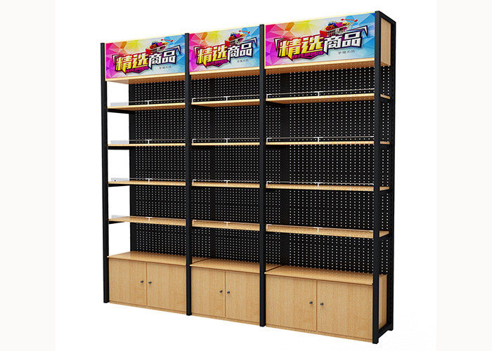 Cold Rolled Steel Supermarket Shelving Wood Gondola Shelving Classic Style