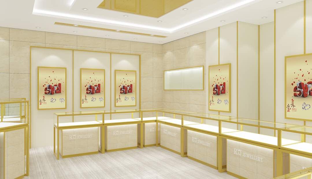 Luxurious Golden Jewelry Display Showcase Fashion Jewelry Shop Decoration Design With Display Cabinet