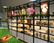 Metal Wooden Food Store Shelving LED Light Bread Display Rack With Three Layer