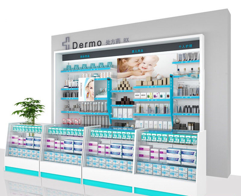 Modern Medical Store Furniture Pharmacy Display Shelves Customized Layer
