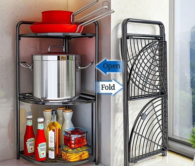 Household Multilayer Metal Kitchen Rack Floor Pot Foldable Corner Shelf