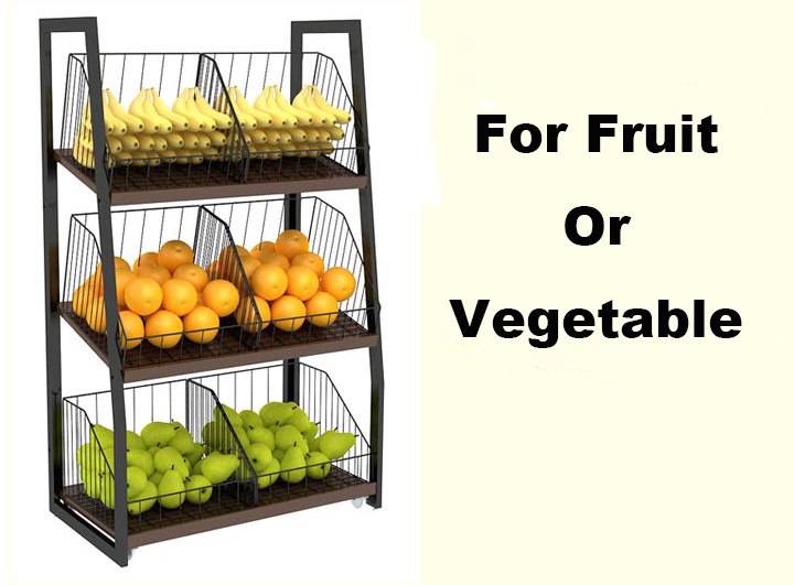 Eyes Catching Supermarket Vegetable And Fruit Display Shelf With Metal Basket