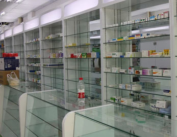 Customized Pharmacy Storage Cabinets Medicine Display Racks Glass Layer