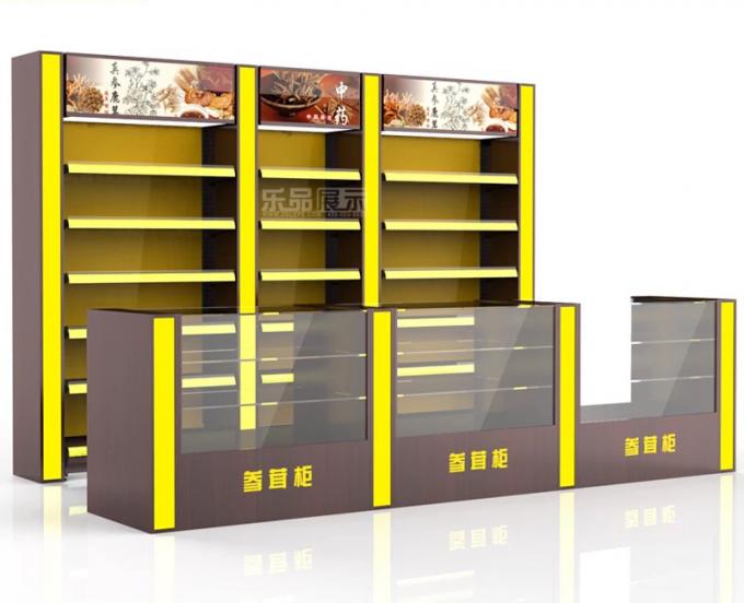 Traditional Medical Store Racks Furniture For Medicine Shop Wood Material