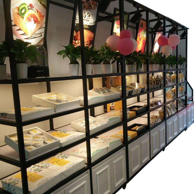 Food Display Rack Set Metal Wooden Food Store Shelving LED Light Bread Display Rack With ...